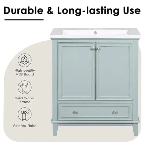 Acosure 30" Bathroom Vanity with Sink Combo, Doors & Drawer, Solid Wood, Green thumbnail 7