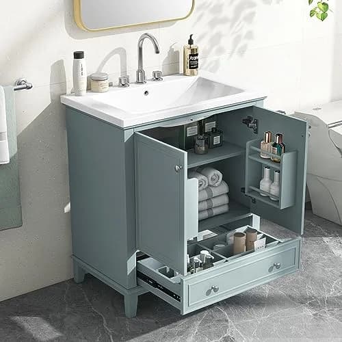 Acosure 30" Bathroom Vanity with Sink Combo, Doors & Drawer, Solid Wood, Green thumbnail 2