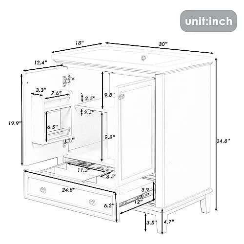 Acosure 30" Bathroom Vanity with Sink Combo, Doors & Drawer, Solid Wood, Green thumbnail 3