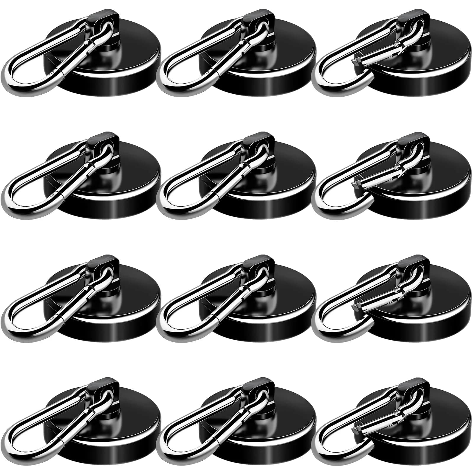E BAVITE Heavy Duty Magnetic Hooks with Carabiner, 110 LBS Capacity, Black, 12 Pack | Industrial Grade Neodymium Magnets — Black