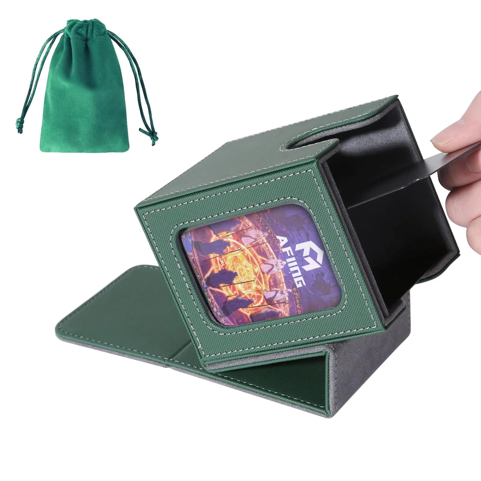 AFIING Commander Deck Box for 100 Double Sleeved Cards | Fits MTG EDH TCG with Side Window & Dividers — Commander Green Grey
