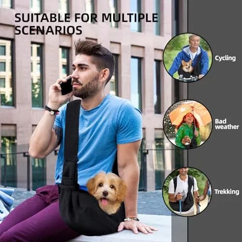 ARZQUT Small Pet Carrier Sling Bag with Storage Pocket & Safety Buckle, Black, 53cm (21") | Breathable Cotton for Dogs & Cats thumbnail 2