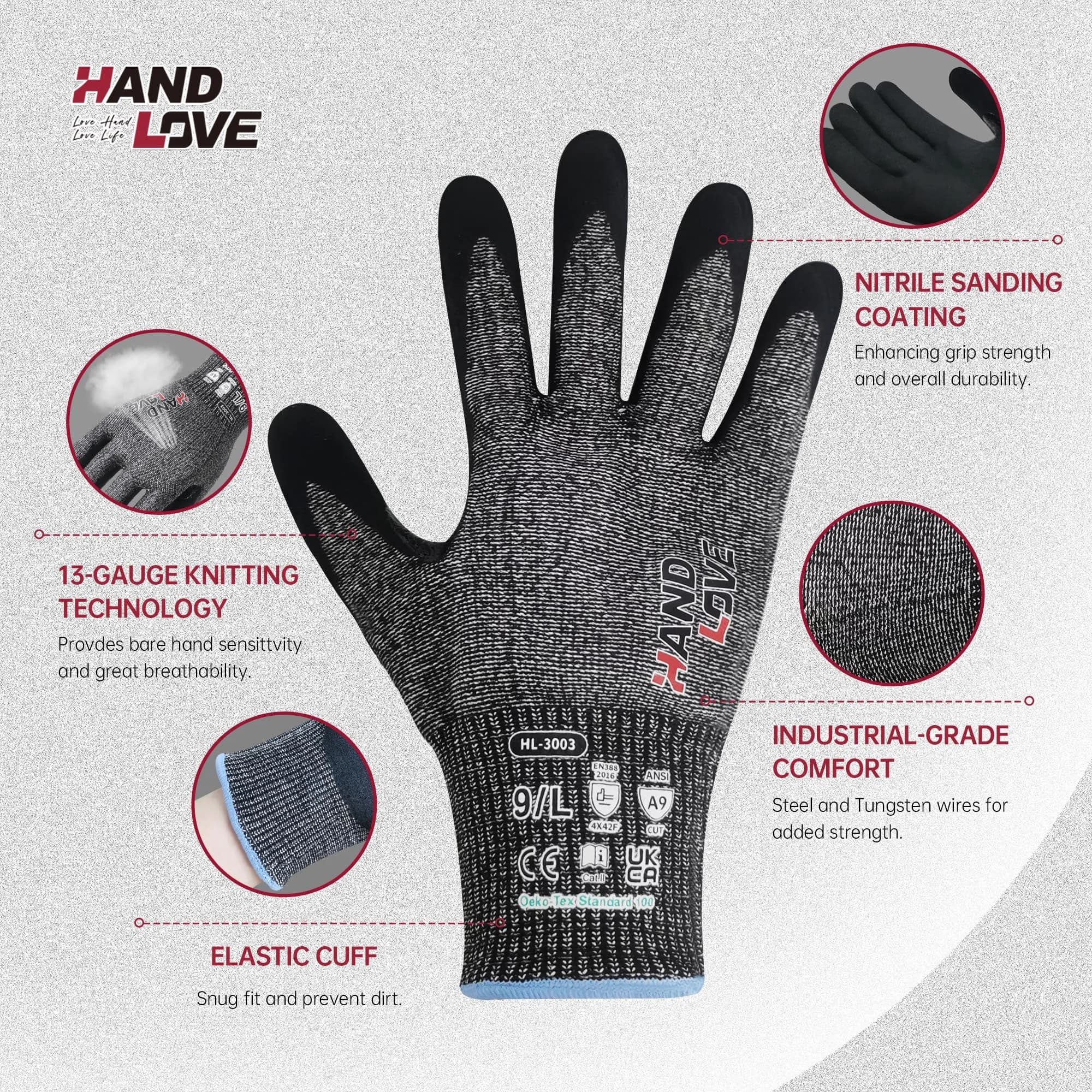 HandLove Cut Resistant Gloves – ANSI A7 Safety Work Gloves | Sandy Nitrile, Anti-Slip, Touchscreen, Durable, PFAS Free, Blue, 6Pairs, M thumbnail 2