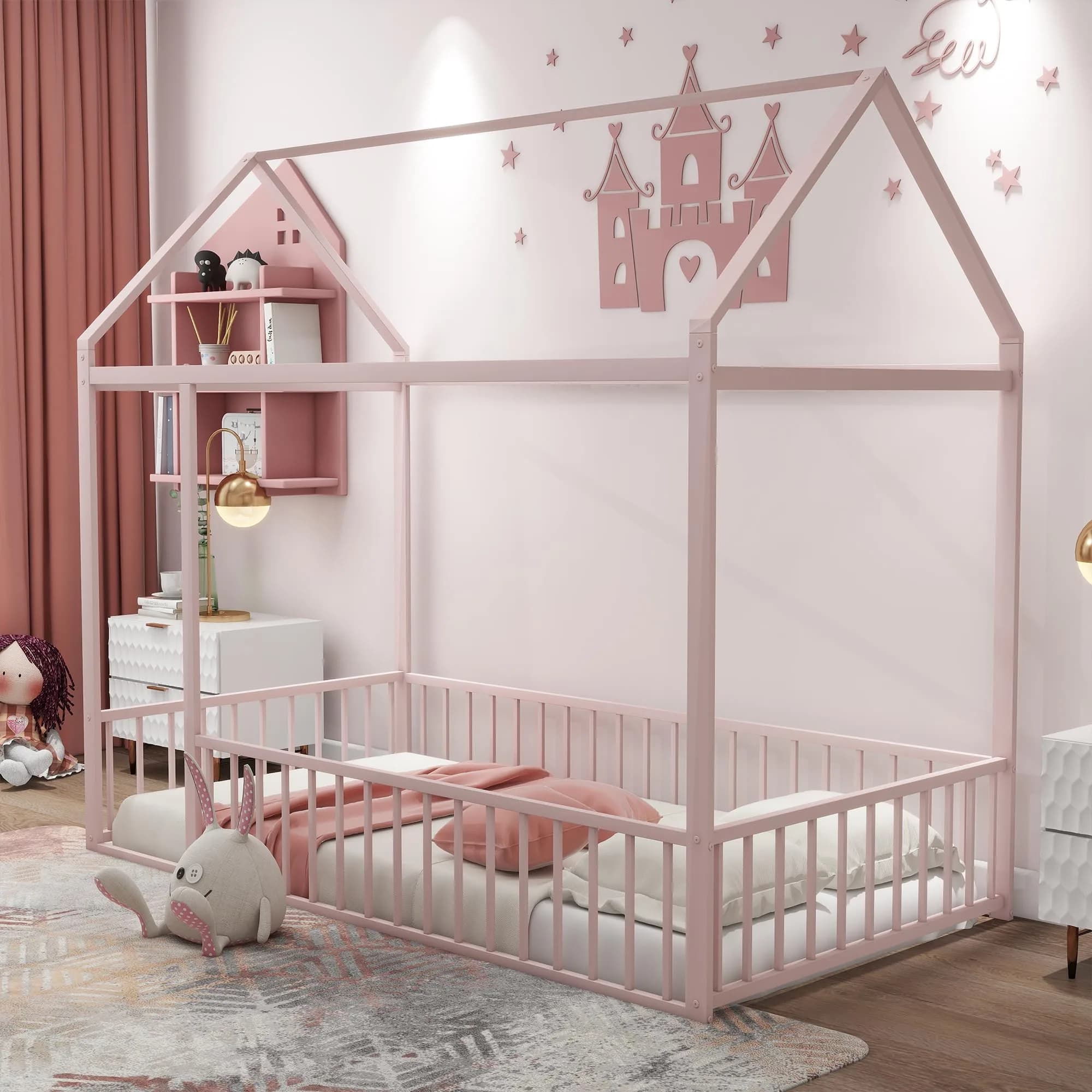 Brisca Twin Size Metal Bed with Roof | Kids & Teens House Bed, Pink, 77.56"L x 40.55"W x 69.66"H