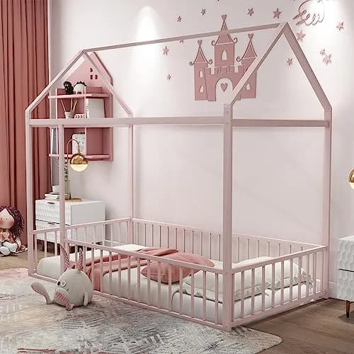 Brisca Twin Size Metal Bed with Roof | Kids & Teens House Bed, Pink, 77.56"L x 40.55"W x 69.66"H thumbnail 1