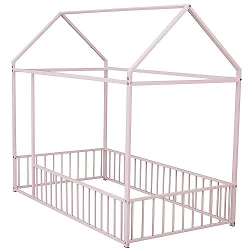 Brisca Twin Size Metal Bed with Roof | Kids & Teens House Bed, Pink, 77.56"L x 40.55"W x 69.66"H thumbnail 5