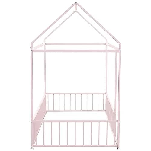 Brisca Twin Size Metal Bed with Roof | Kids & Teens House Bed, Pink, 77.56"L x 40.55"W x 69.66"H thumbnail 6