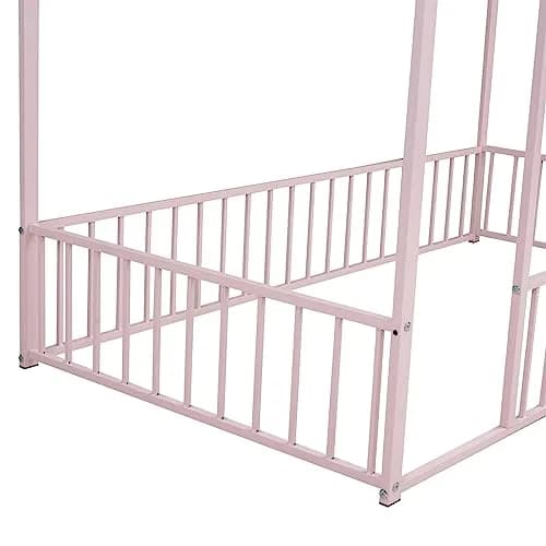 Brisca Twin Size Metal Bed with Roof | Kids & Teens House Bed, Pink, 77.56"L x 40.55"W x 69.66"H thumbnail 7