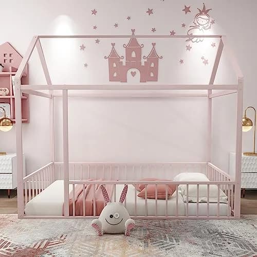Brisca Twin Size Metal Bed with Roof | Kids & Teens House Bed, Pink, 77.56"L x 40.55"W x 69.66"H thumbnail 2