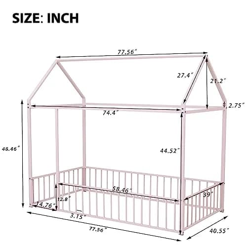 Brisca Twin Size Metal Bed with Roof | Kids & Teens House Bed, Pink, 77.56"L x 40.55"W x 69.66"H thumbnail 3
