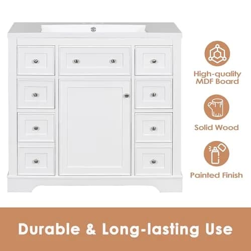 Brisca 36" Bathroom Vanity Without Sink | Modern White Freestanding Cabinet with 6 Drawers thumbnail 8