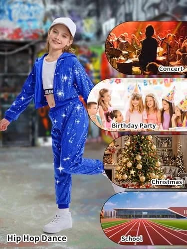 LOLANTA Girls Sequin Costume Jacket and Pants (Royal blue, 10-11Y) | Dazzling Sequin Dance Outfit for Girls thumbnail 4