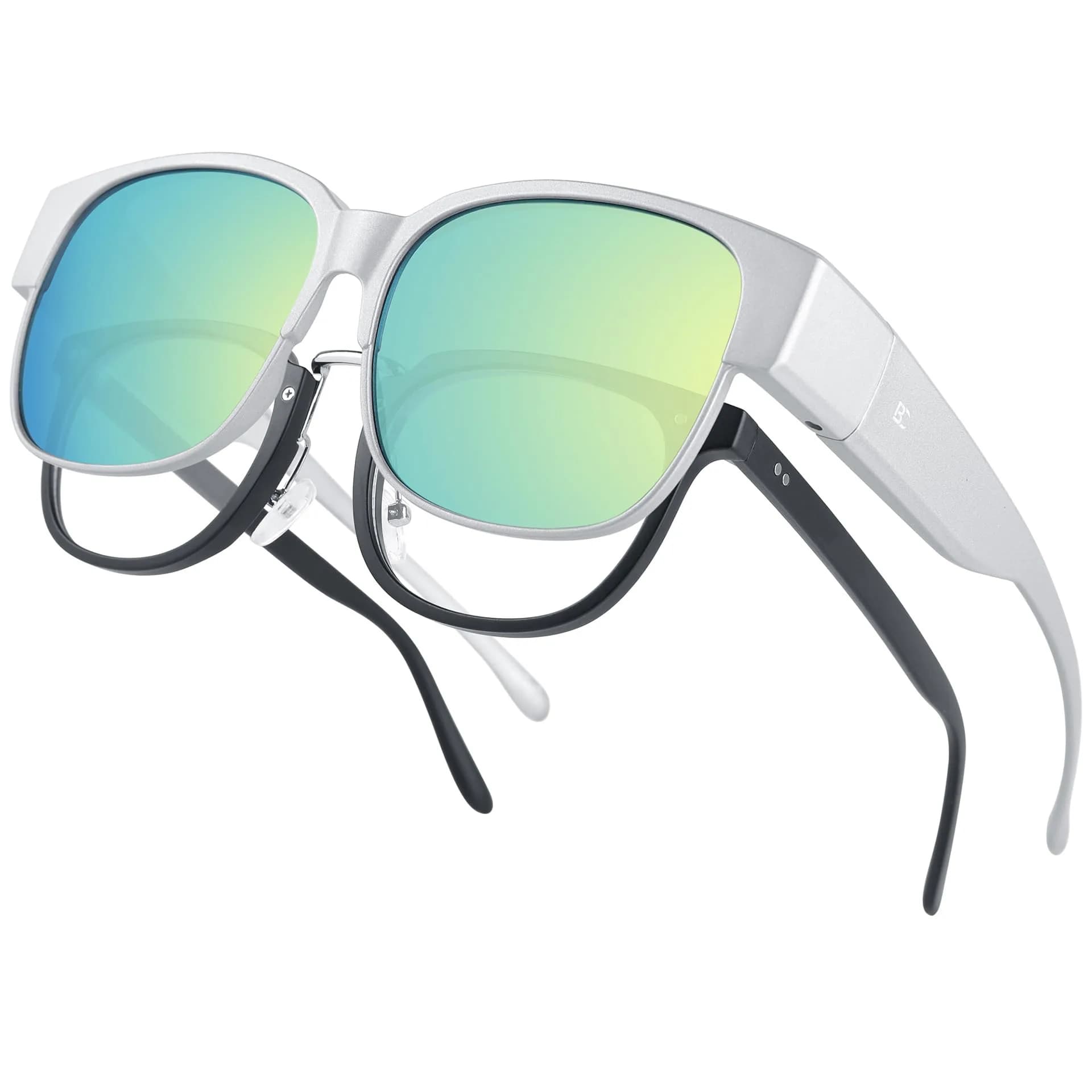 BIRCEN Polarized Fit Over Sunglasses for Prescription Glasses, TR90 Frame, 58mm Lens | UV Protection Wrap Around Shades — F-silvergreen-c5