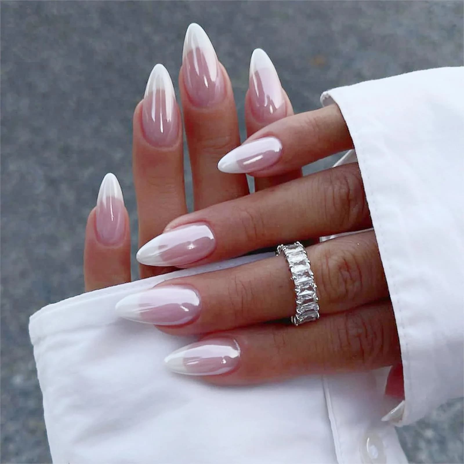 FJSMTOPl Press On Nails Almond Fake Nails French Tip 24Pcs | Reusable Acrylic Nails for Women — White French Tip