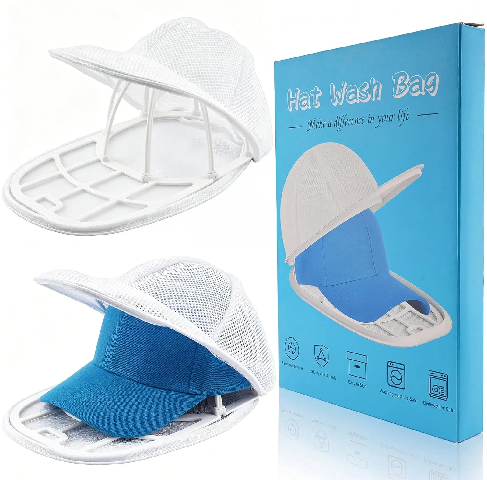 Eiito Hat Washer Cage for Washing Machines, 4Pcs (2 Cages + 2 Bags) for Flat & Curved Caps - main product image