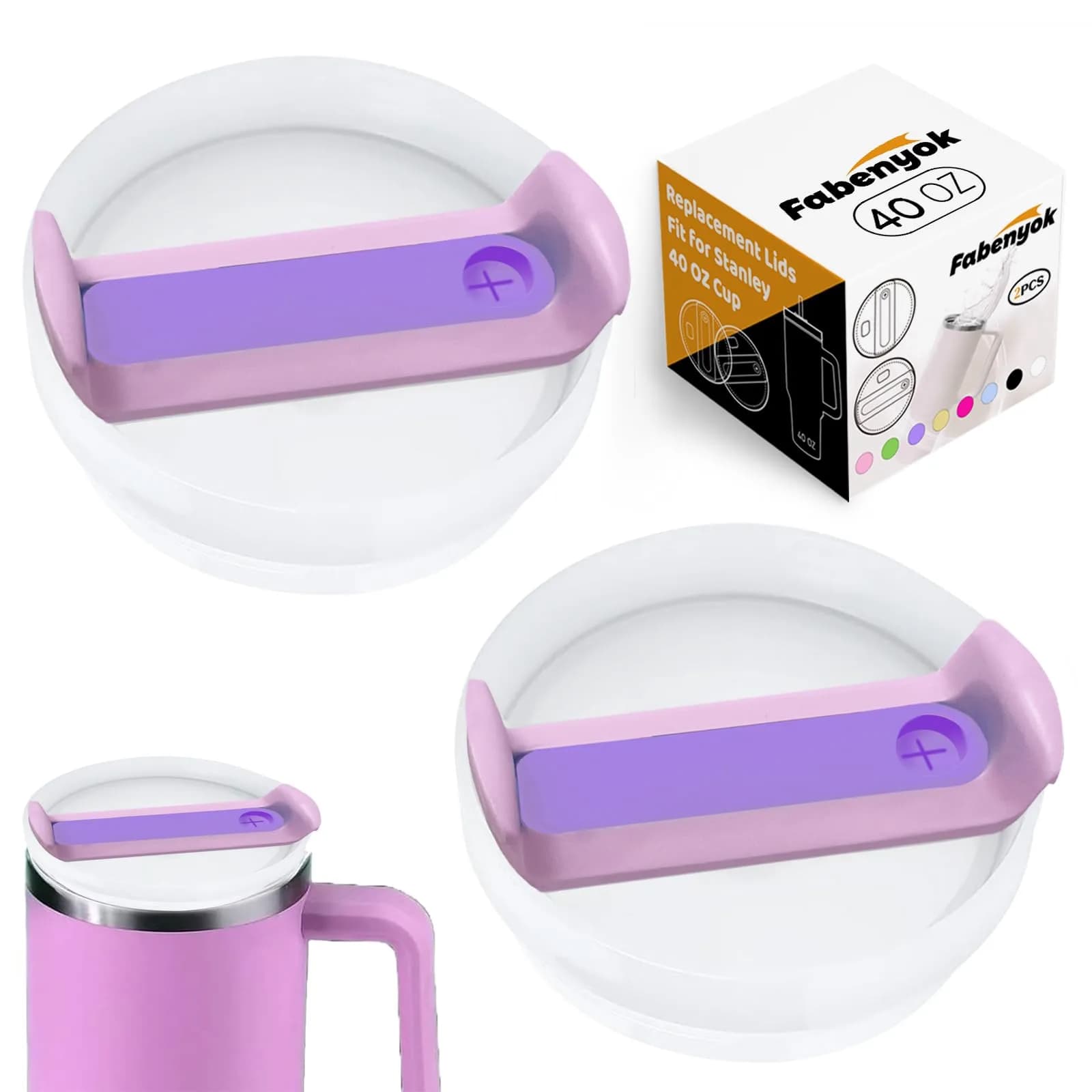 Fabenyok 40 OZ Tumbler Lid Replacement | Spill Proof Fit for Stanley Cup, 2 Pack, Clear & Opaque - Purple