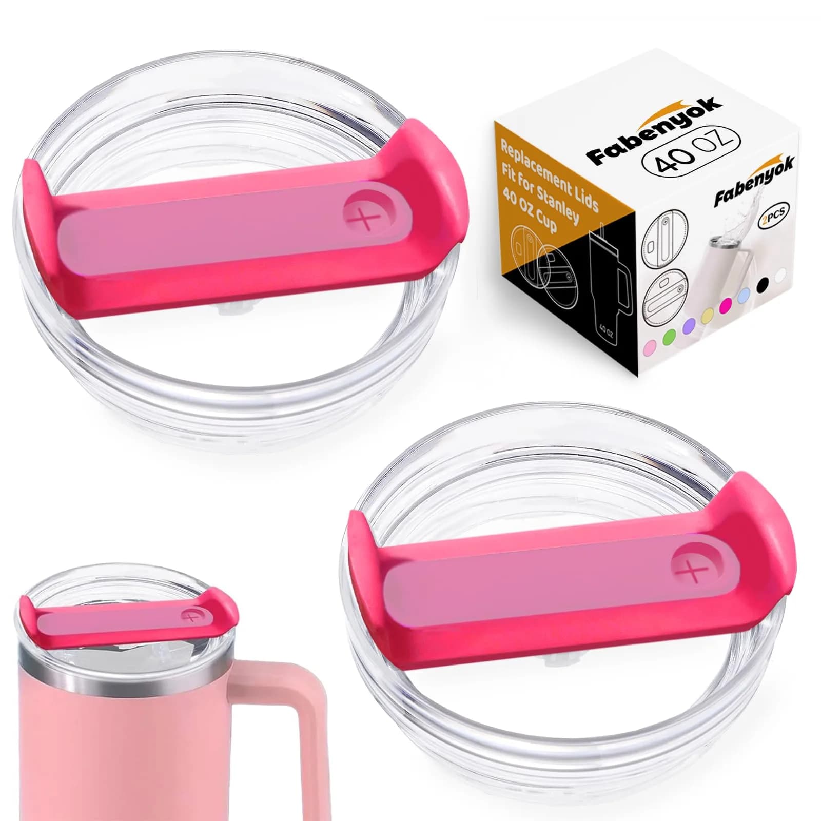 Fabenyok 40 OZ Tumbler Lid Replacement Fit for Stanley Cup | Spill Proof, 2 Pack, Clear - Hot Pink
