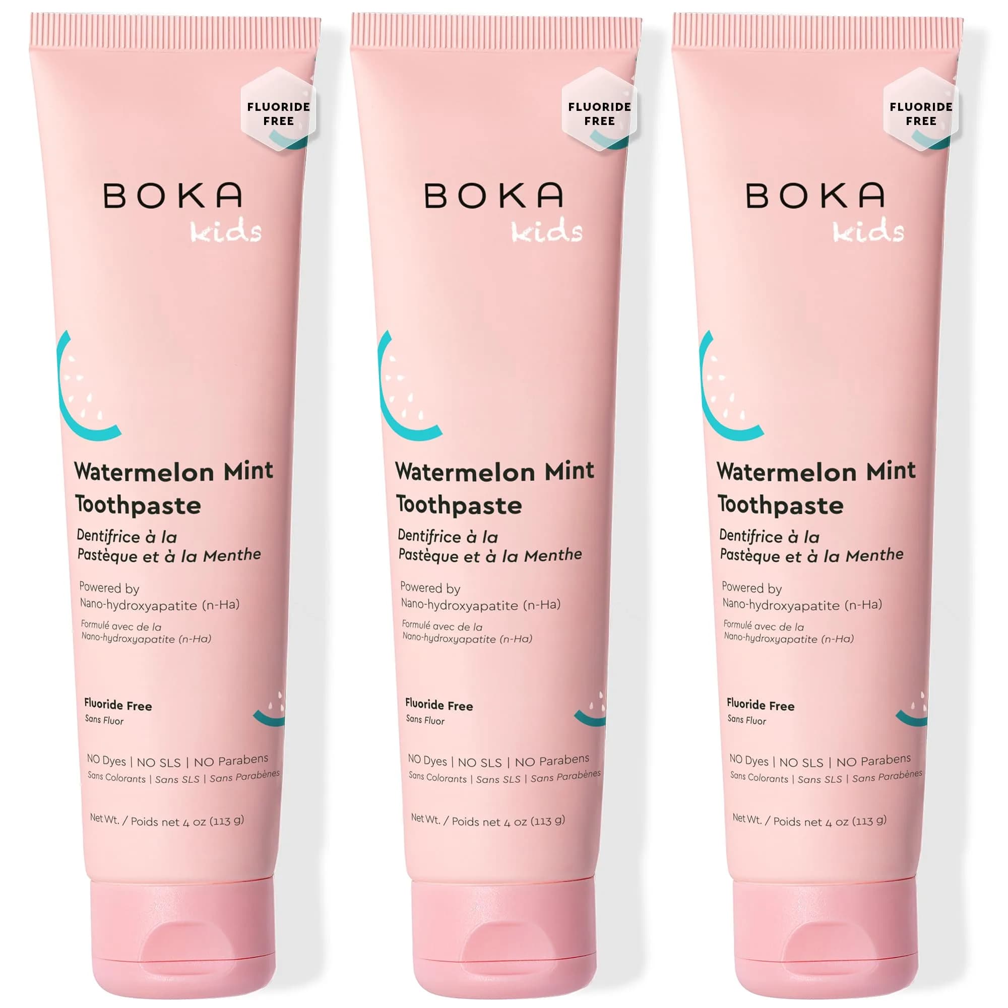 Boka Watermelon Mint Kids Toothpaste with Nano Hydroxyapatite, Fluoride Free 12oz (3 x 4oz Tubes) | Enamel Care for Ages 1+ - main product image