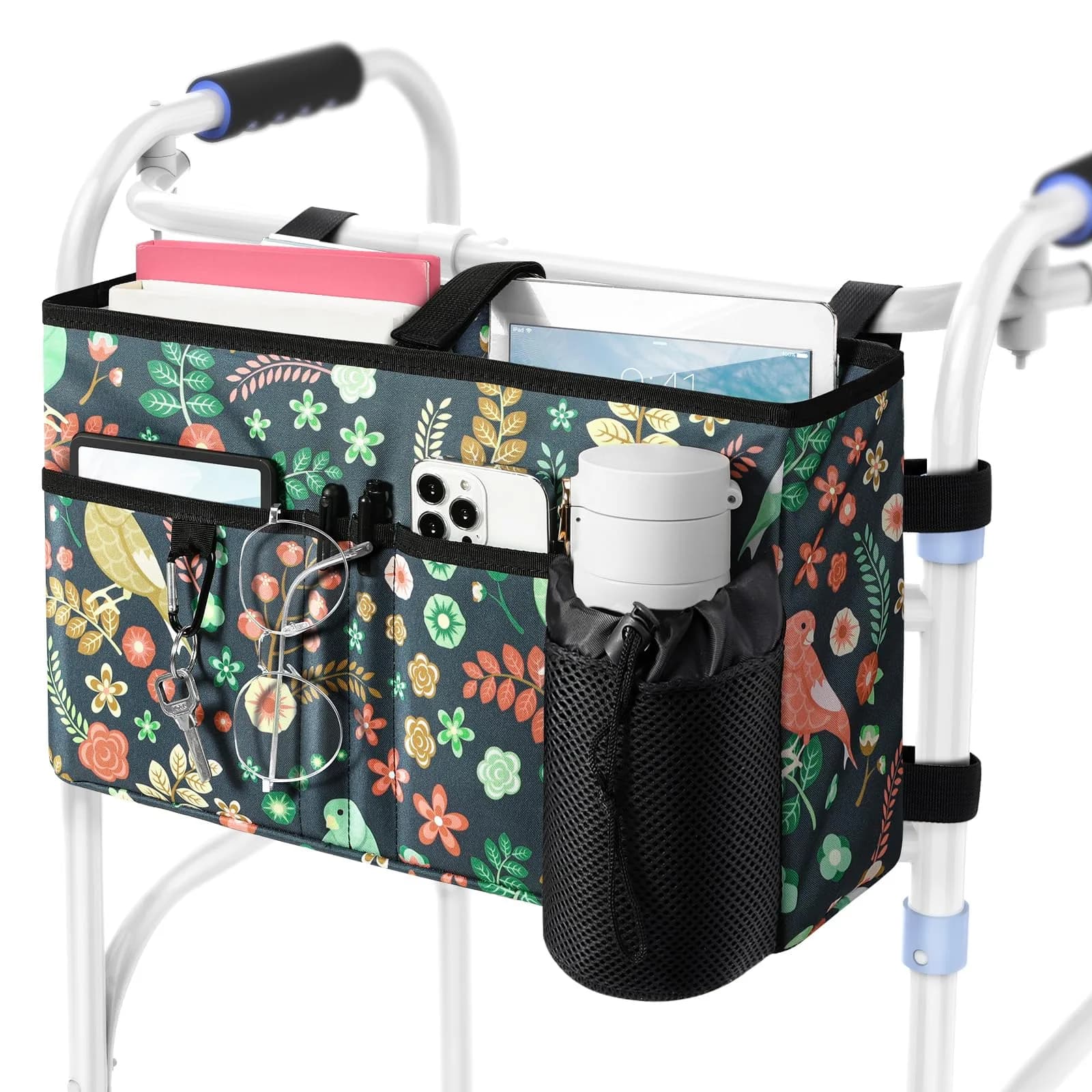 Rhino Valley Walker Basket with Cup Holder | Foldable Walker Bag for Seniors, Large Capacity, Adjustable Velcro Straps