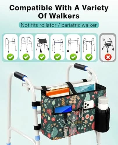 Rhino Valley Walker Basket with Cup Holder | Foldable Walker Bag for Seniors, Large Capacity, Adjustable Velcro Straps thumbnail 6