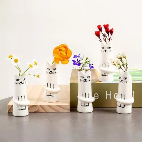 MOUGIGI Set of 5 Cat Flower Vase Bud Ceramic Small Cute Mini Handmade Decor | Unique Cat Flower Vases for Home & Gift thumbnail 5