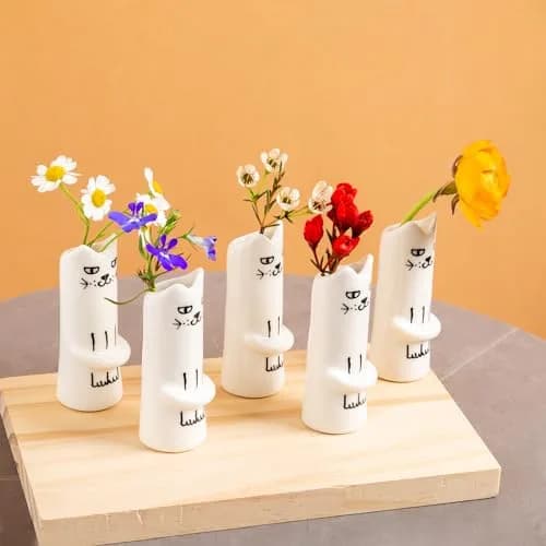 MOUGIGI Set of 5 Cat Flower Vase Bud Ceramic Small Cute Mini Handmade Decor | Unique Cat Flower Vases for Home & Gift thumbnail 6