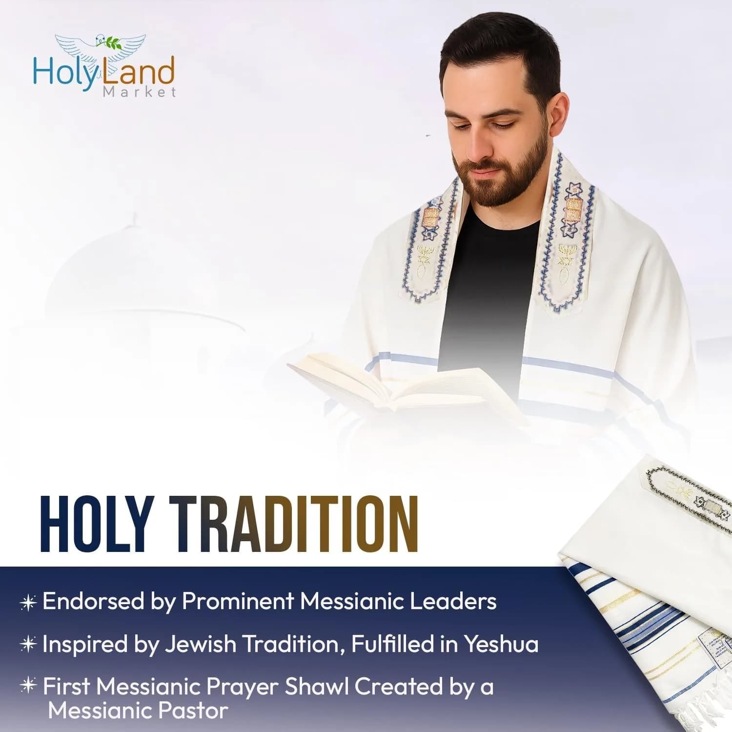 Holy Land Market Navy New Covenant Messianic Tallit Prayer Shawl - Set of 5, 72" x 22" - view 4
