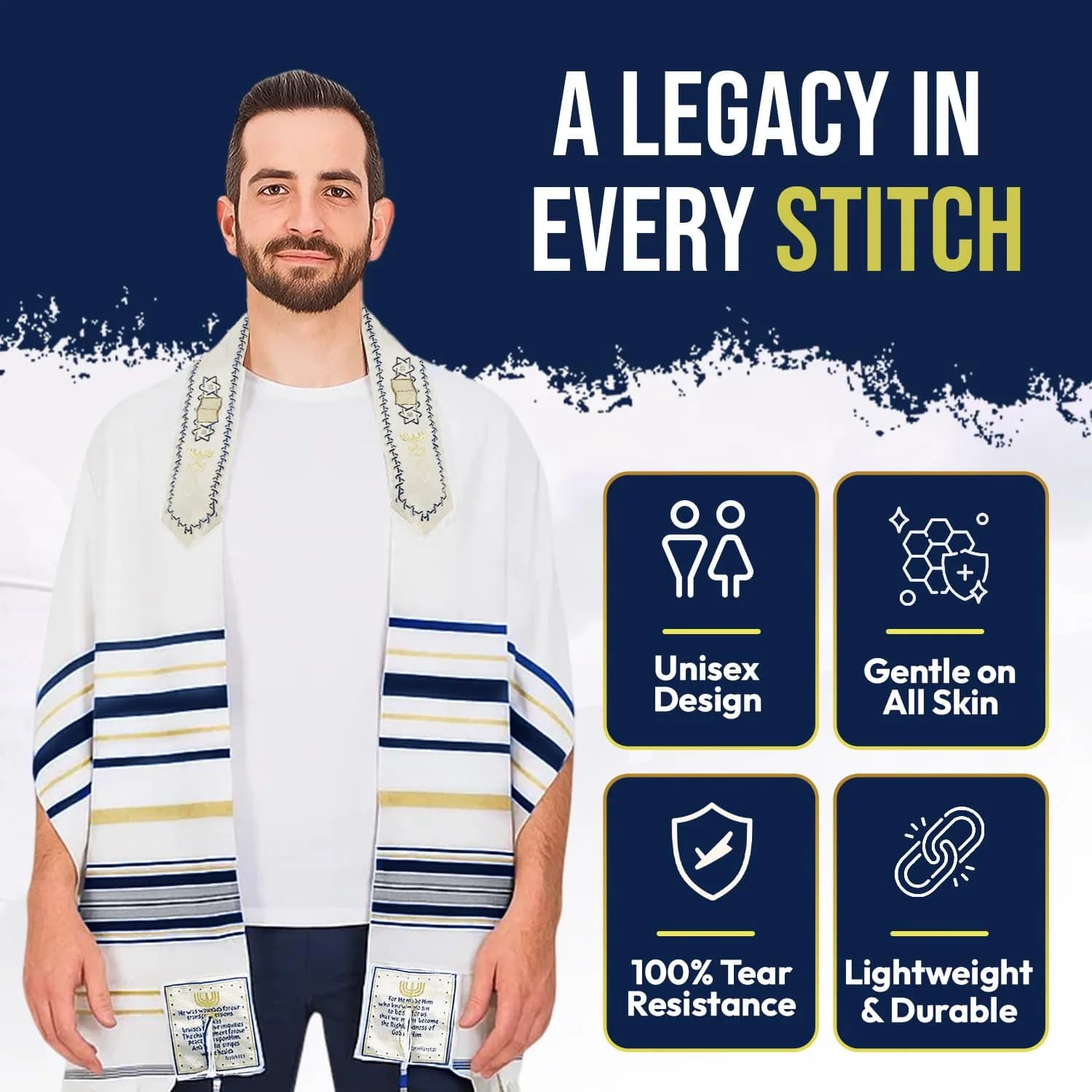 Holy Land Market Unisex Messianic Tallit Prayer Shawl Dark Blue 183cm x 56cm (72 x 22 in) | New Covenant Design with Bag - view 6