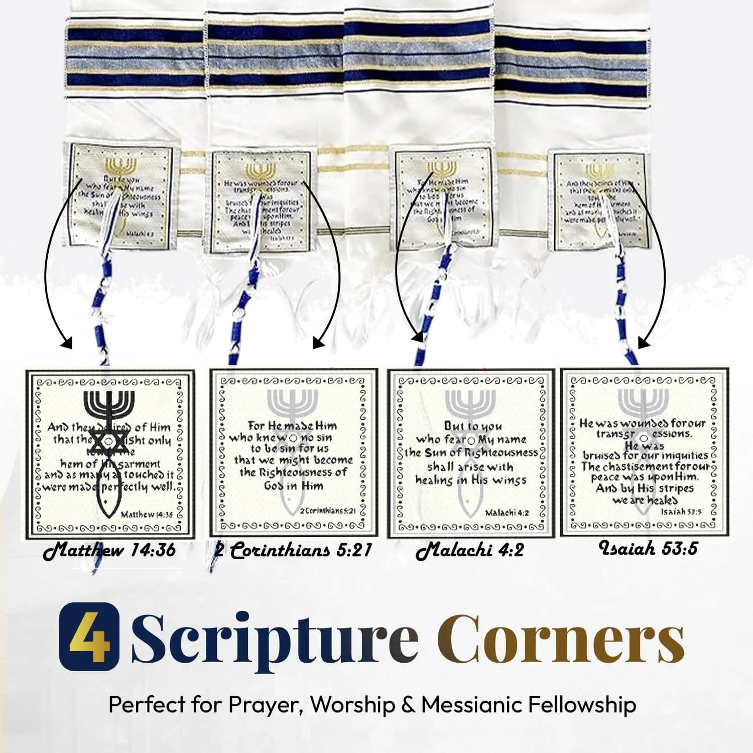 Holy Land Market Unisex Messianic Tallit Prayer Shawl Dark Blue 183cm x 56cm (72 x 22 in) | New Covenant Design with Bag - view 2