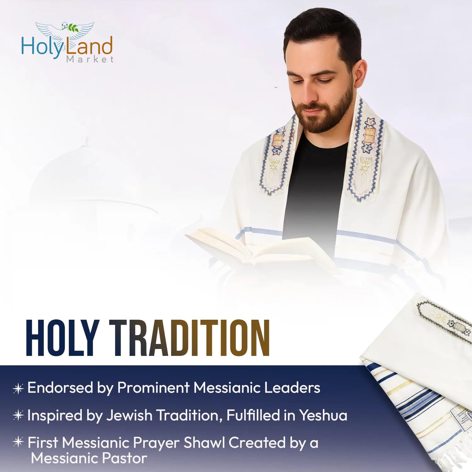 Holy Land Market Unisex Messianic Tallit Prayer Shawl Dark Blue 183cm x 56cm (72 x 22 in) | New Covenant Design with Bag - view 4