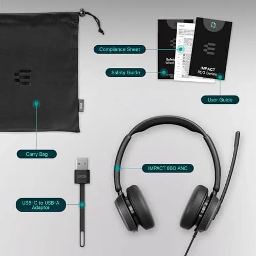EPOS Impact 860 ANC Wired USB-C Headset with Noise Cancellation | 160g Lightweight, Comfortable Fit for Office Work thumbnail 5