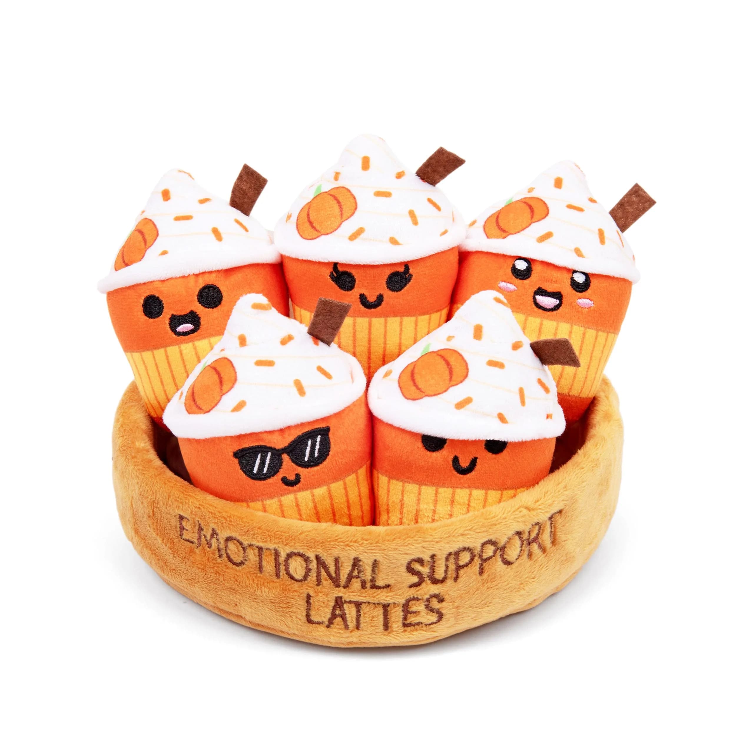 Relatable Emotional Support Lattes Plush Set | 5 Latte Plushies with Basket