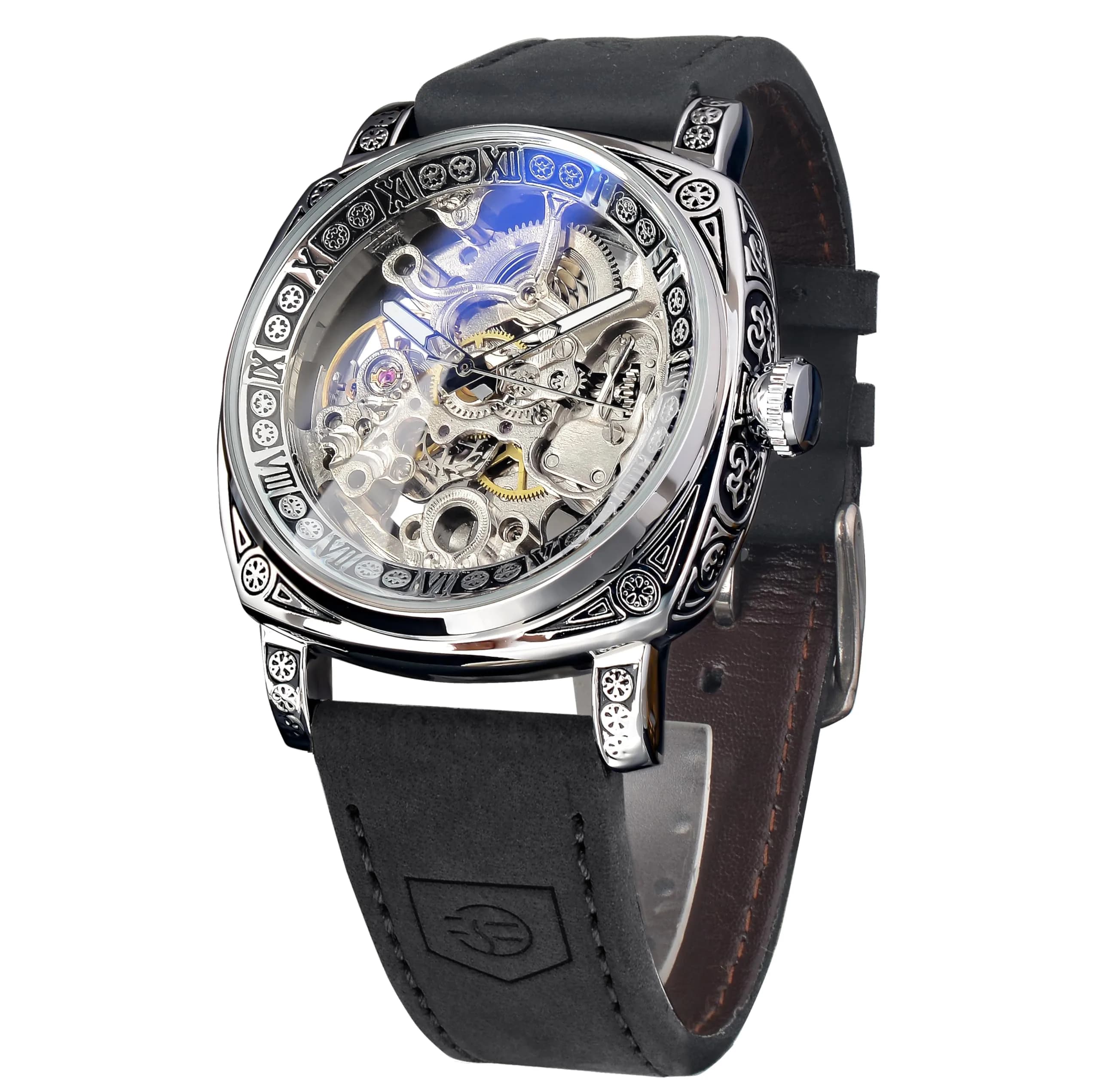 FORSINING Square Retro Mechanical Watch Self-Wind Leather Strap 42mm | Skeleton Automatic