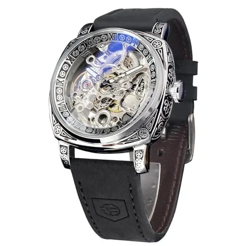 FORSINING Square Retro Mechanical Watch Self-Wind Leather Strap 42mm | Skeleton Automatic thumbnail 1