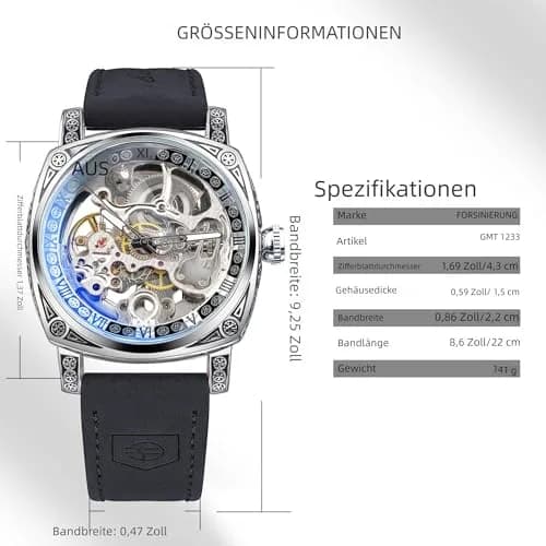 FORSINING Square Retro Mechanical Watch Self-Wind Leather Strap 42mm | Skeleton Automatic thumbnail 6