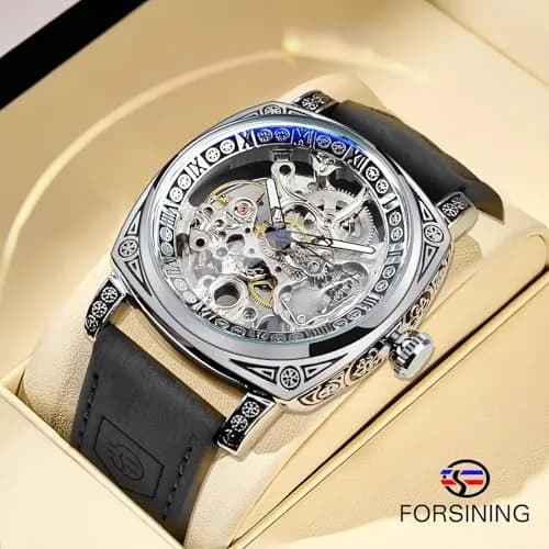 FORSINING Square Retro Mechanical Watch Self-Wind Leather Strap 42mm | Skeleton Automatic thumbnail 2