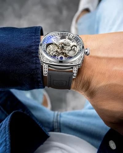 FORSINING Square Retro Mechanical Watch Self-Wind Leather Strap 42mm | Skeleton Automatic thumbnail 3