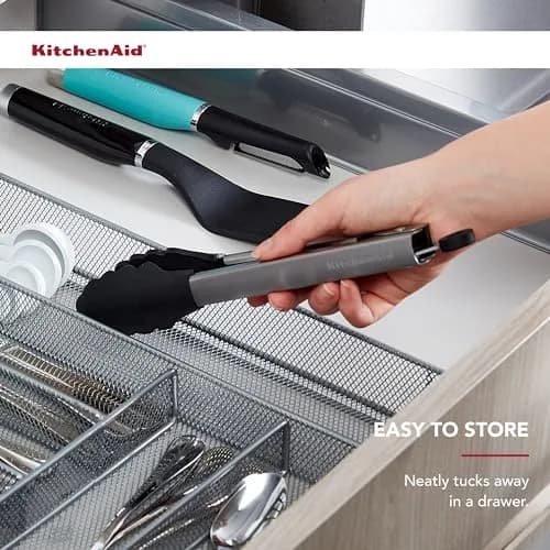 KitchenAid Silicone Tipped Stainless Steel Tongs, Black, 9 Inch | Heat-Resistant & Safe for All Cookware thumbnail 6