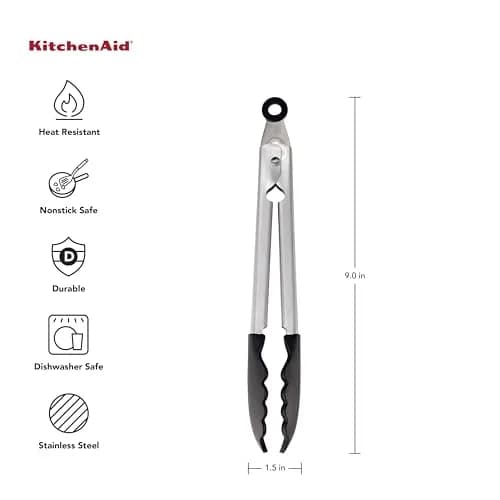 KitchenAid Silicone Tipped Stainless Steel Tongs, Black, 9 Inch | Heat-Resistant & Safe for All Cookware thumbnail 2