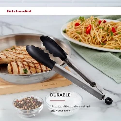 KitchenAid Silicone Tipped Stainless Steel Tongs, Black, 9 Inch | Heat-Resistant & Safe for All Cookware thumbnail 3