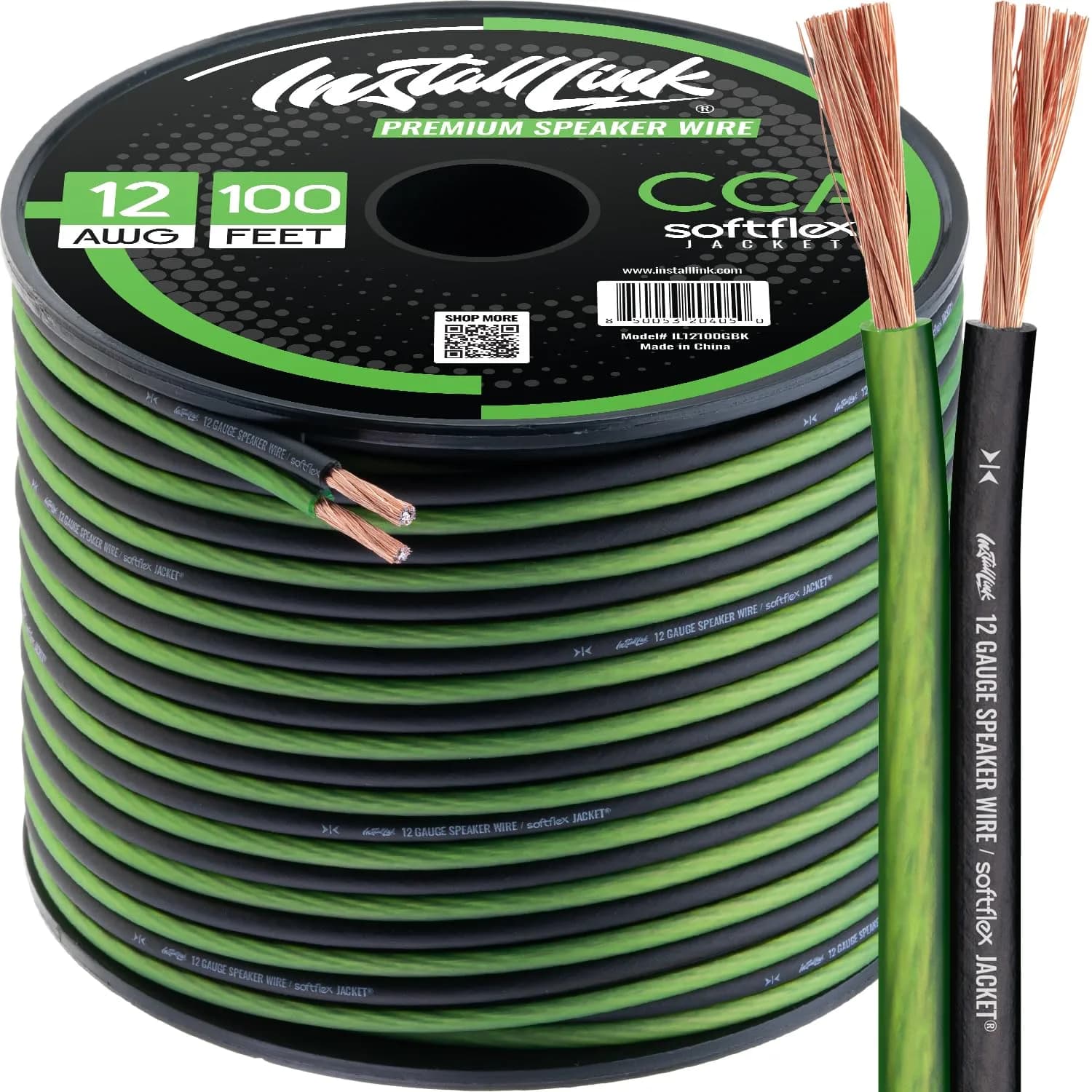 Install Link 12 AWG Gauge Speaker Wire 100 Feet (30.5m) Frosted Green/Black | CCA Copper Clad Aluminum — Frosted Green/Black