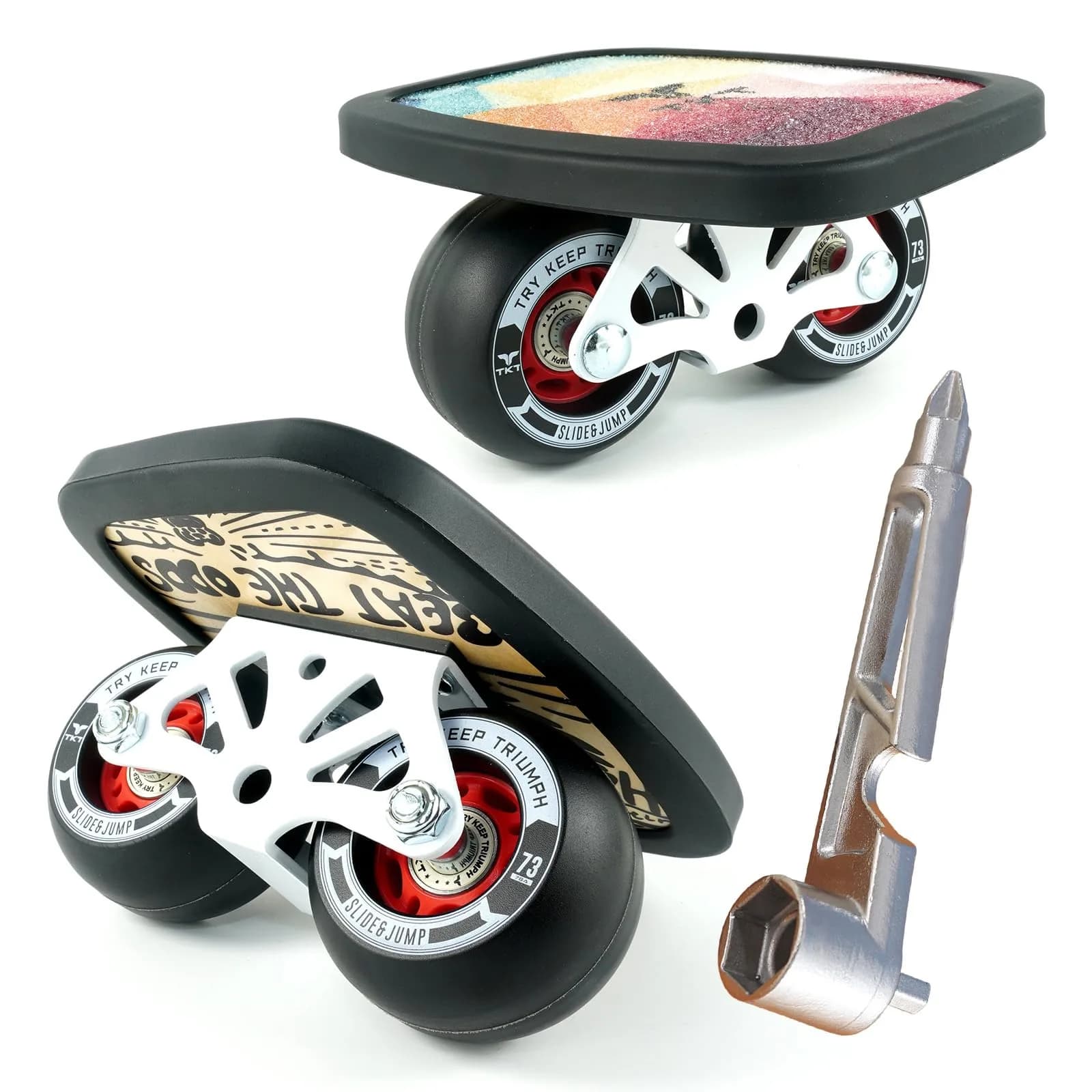 TKT FreeSkates - Metal Split Wheel Skateboard 138mm x 168mm | High Resilience Free Drift Board for Beginners - main product image