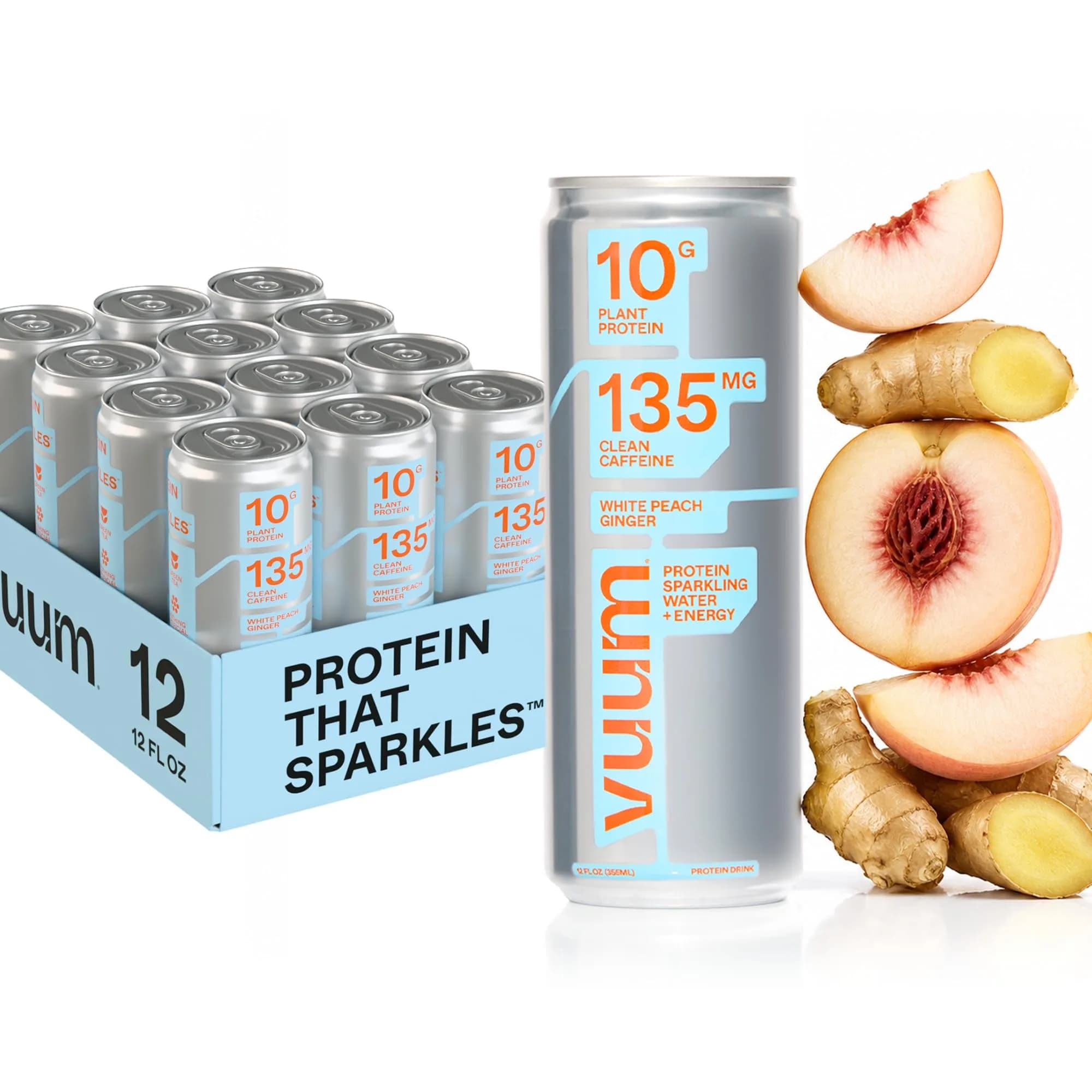 VUUM Sparkling Protein Drink, 12 Pack, White Peach Ginger | 10g Plant Protein, Sugar Free, Vegan & Keto Friendly