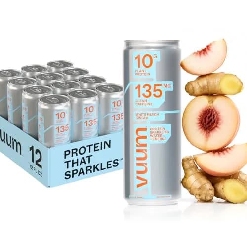 VUUM Sparkling Protein Drink, 12 Pack, White Peach Ginger | 10g Plant Protein, Sugar Free, Vegan & Keto Friendly thumbnail 1