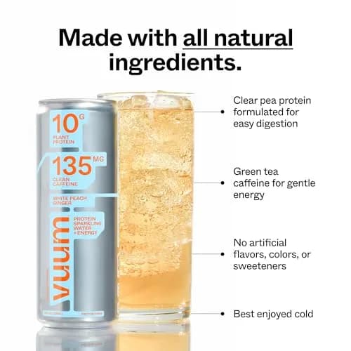 VUUM Sparkling Protein Drink, 12 Pack, White Peach Ginger | 10g Plant Protein, Sugar Free, Vegan & Keto Friendly thumbnail 4