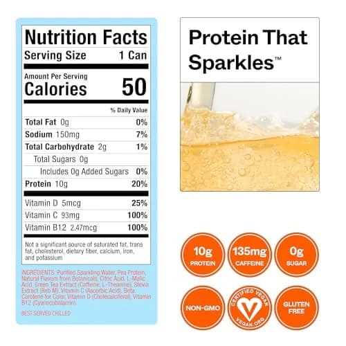 VUUM Sparkling Protein Drink, 12 Pack, White Peach Ginger | 10g Plant Protein, Sugar Free, Vegan & Keto Friendly thumbnail 2