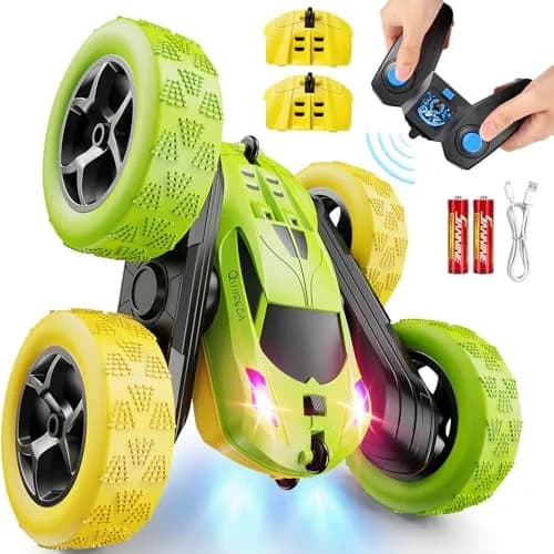 QUNREDA Remote Control Stunt Car with 2 Rechargeable Batteries, 4WD 360° Flip, Off-Road RC Crawler for Kids 6-12 Years, Yellow&Green - main product image