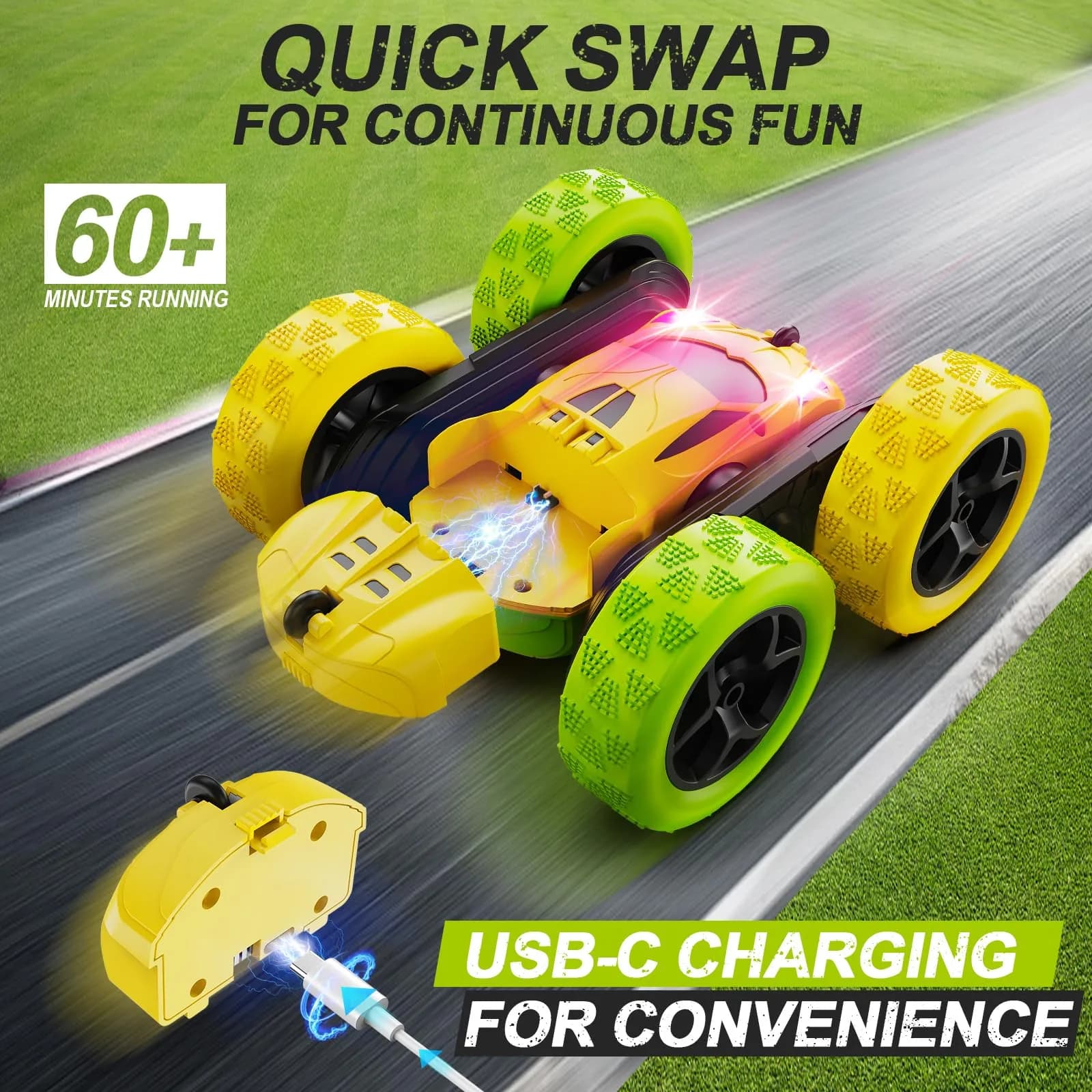 QUNREDA Remote Control Stunt Car with 2 Rechargeable Batteries, 4WD 360° Flip, Off-Road RC Crawler for Kids 6-12 Years, Yellow&Green thumbnail 2