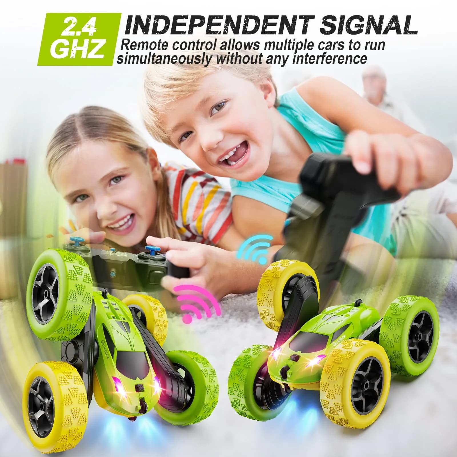 QUNREDA Remote Control Stunt Car with 2 Rechargeable Batteries, 4WD 360° Flip, Off-Road RC Crawler for Kids 6-12 Years, Yellow&Green thumbnail 3