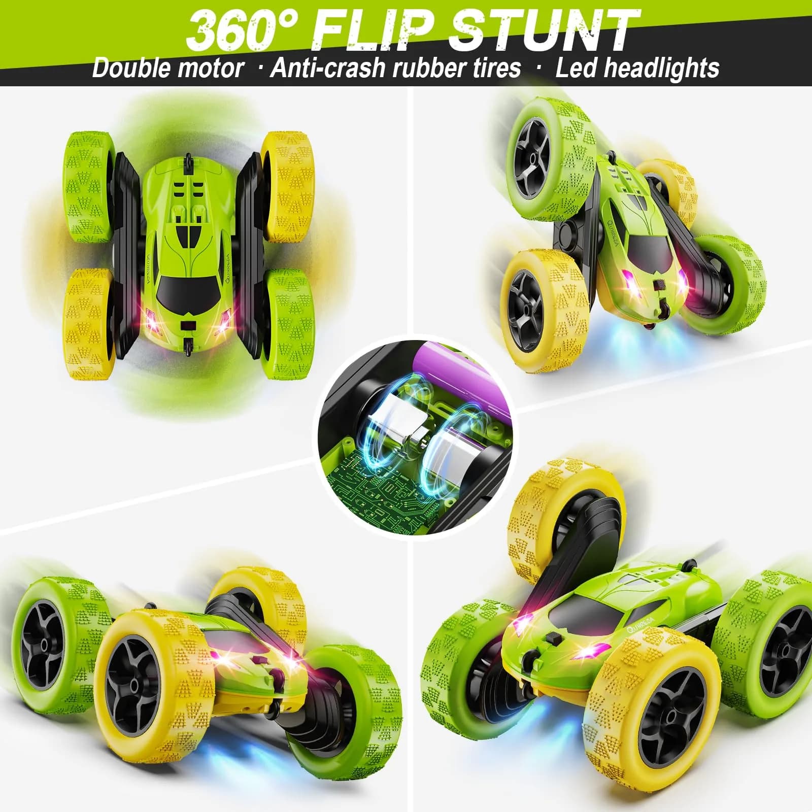 QUNREDA Remote Control Stunt Car with 2 Rechargeable Batteries, 4WD 360° Flip, Off-Road RC Crawler for Kids 6-12 Years, Yellow&Green thumbnail 4